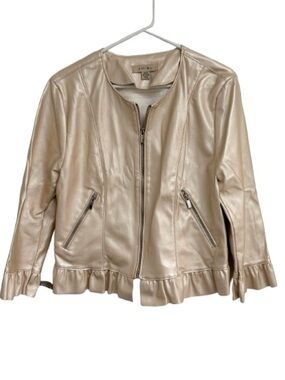 Amisu Metallic Champagne Faux Leather Ruffle-Hem Jacket